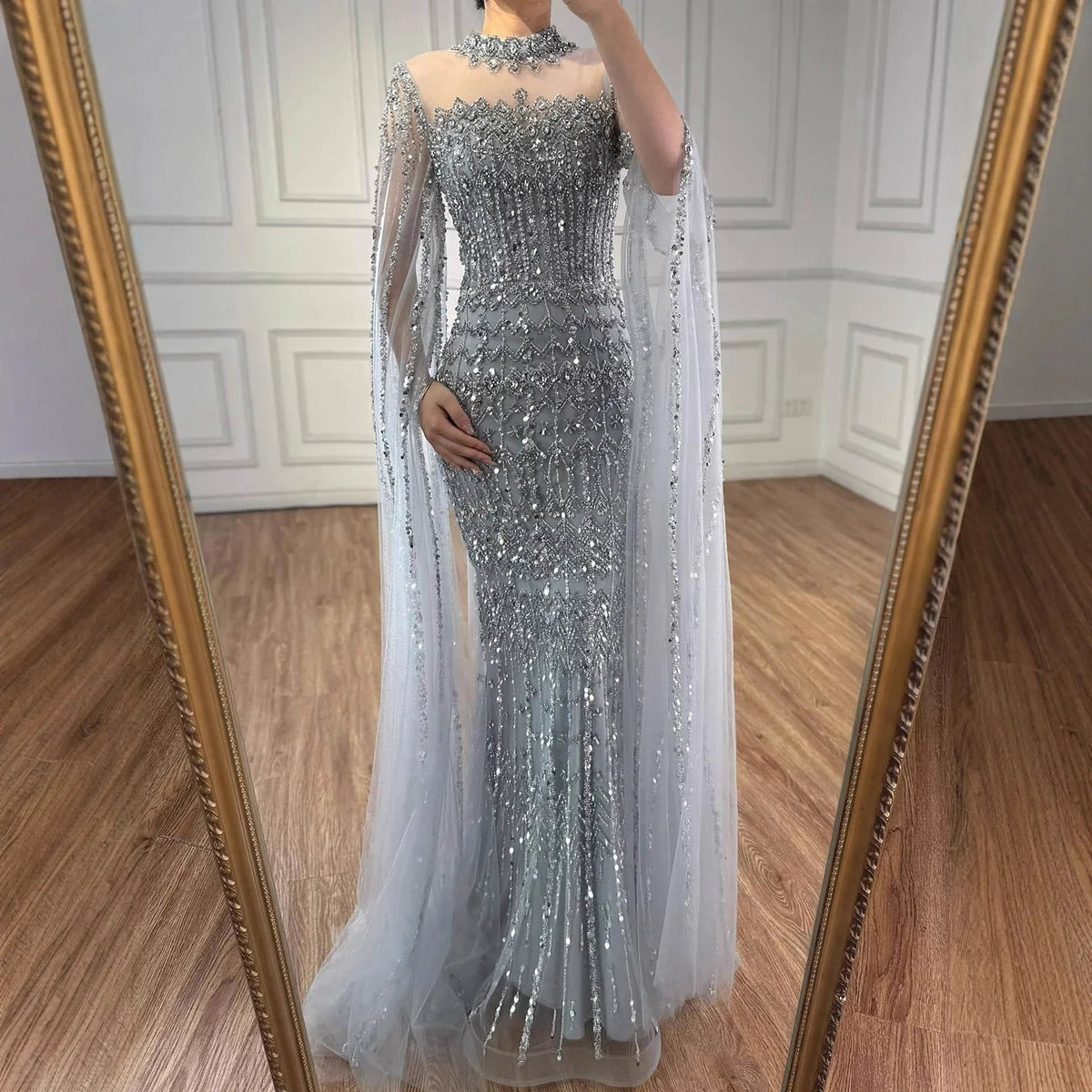 Zapdress Dubai Blue Beaded Evening Dress with Cape Sleeves 2025 Formal Party Gowns for Women DLA72714A Customized (ZD17279)