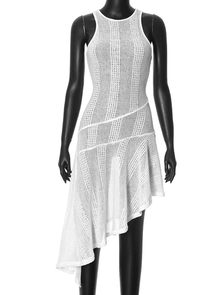 Ruffled White Hollow Dress Women's Summer Fashion Irregular Sleeveless Perspective Solid Color High Waist Sexy Dress