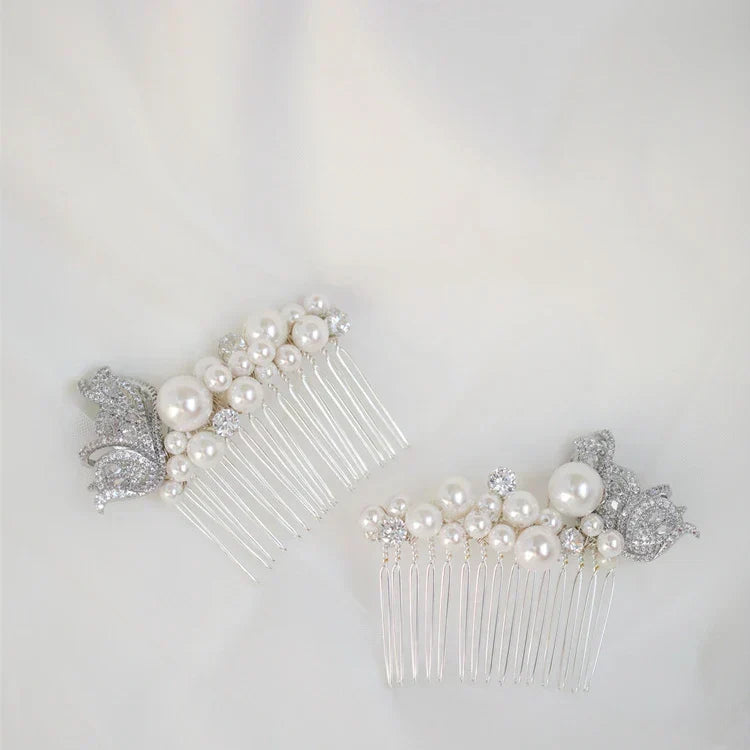 Wedding Accessories Silver Color Hair Comb Butterfly Hairpins Bride Women Pearl Rhinestones Head Pieces Headdress Bridal Jewelry