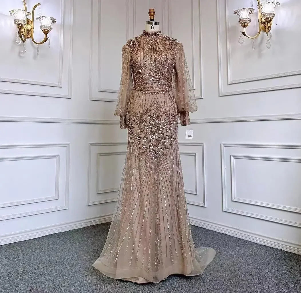 Zapdress Customized Silver Beaded Mermaid Evening Dresses 2025 Full Sleeves Elegant Party Gowns For Women (ZD17179)