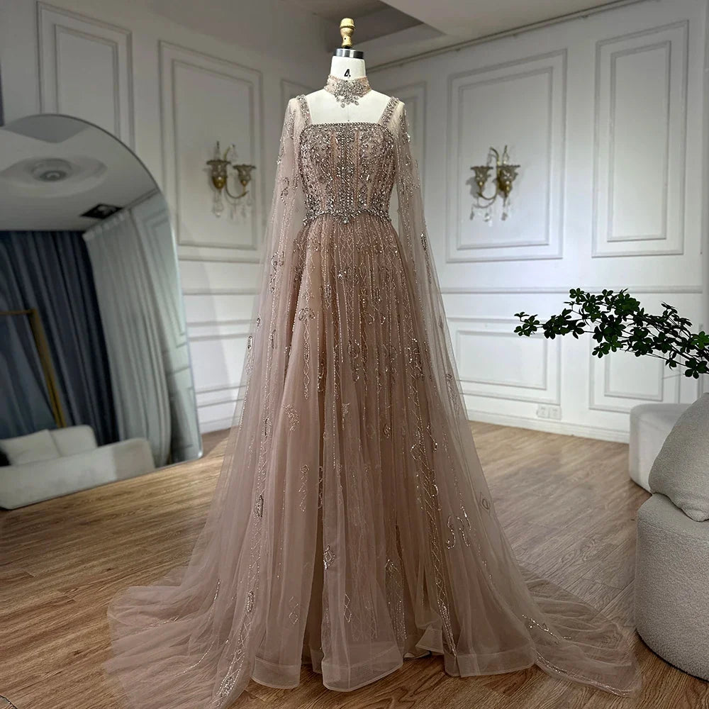 Zapdress Customized 2025 Wine Red A Line Cape Sleeves Luxury Beaded Evening Dresses Formal Party Gowns for Women (ZD17218)