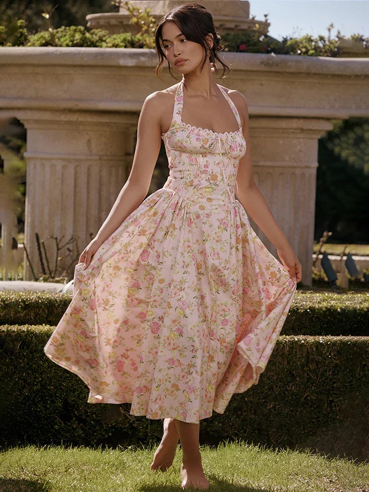 Print Wrap A-line Halter Midi Summer Dress - View 6 | VelvetHem