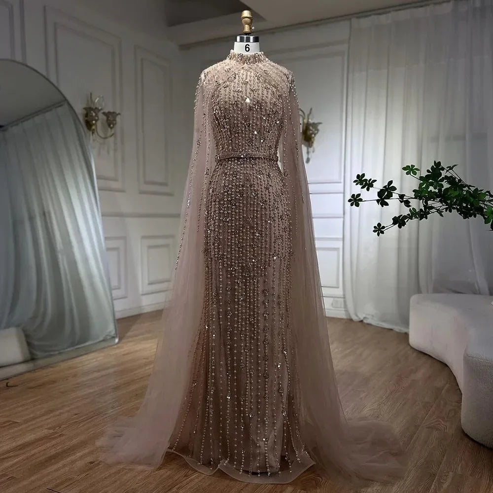 Dubai Grey Mermaid Cape Sleeves Pearls Beaded Elegant Evening Dresses Gowns 2025 Wedding Party DLA72372 Customized (ZD17362)