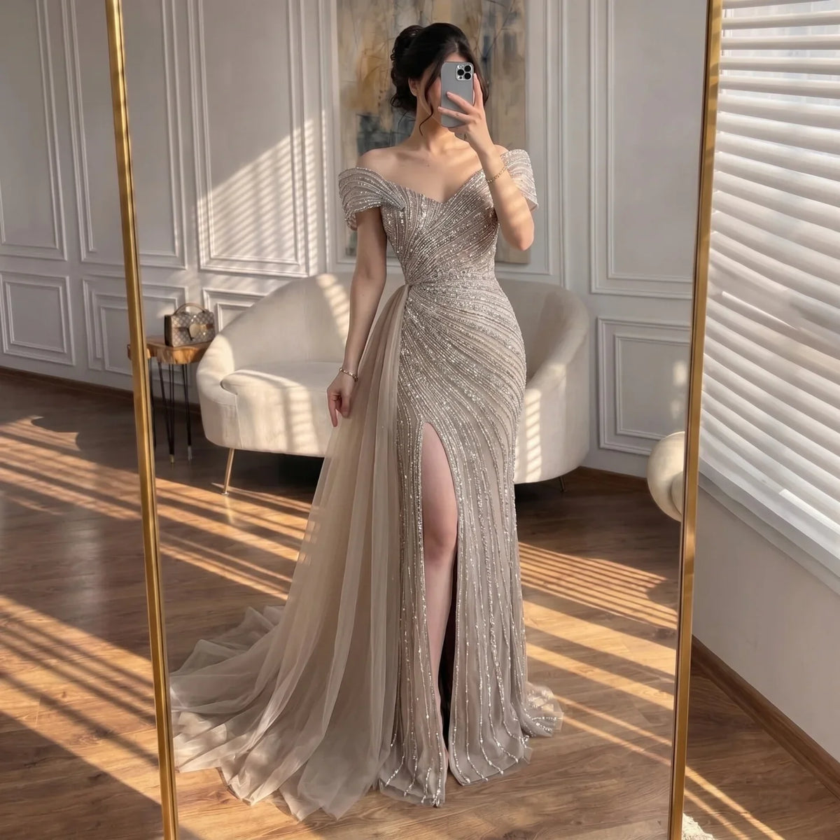 Zapdress Elegant Off Shoulder Mermaid Beaded Party Dress Luxury Split Open Evening Gown with Side Train Customized (ZD17256)