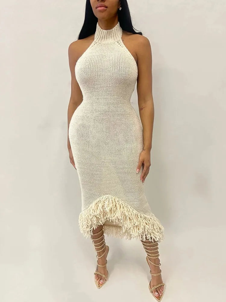 Tassel Hem Backless Knitted Party Dress - View 5 | VelvetHem