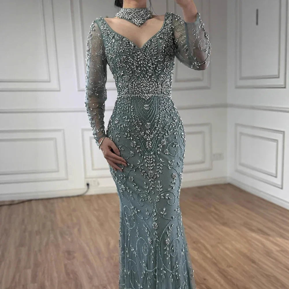 Zapdress Customized Turquoise Evening Dresses with Neck Lace 2026 Long Sleeves Mermaid Beaded Elegant Party Gowns DLA73042B (ZD17172)