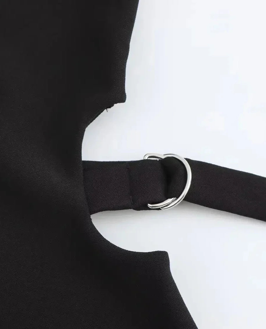 Crop Hollow Waist Black Mini Dress