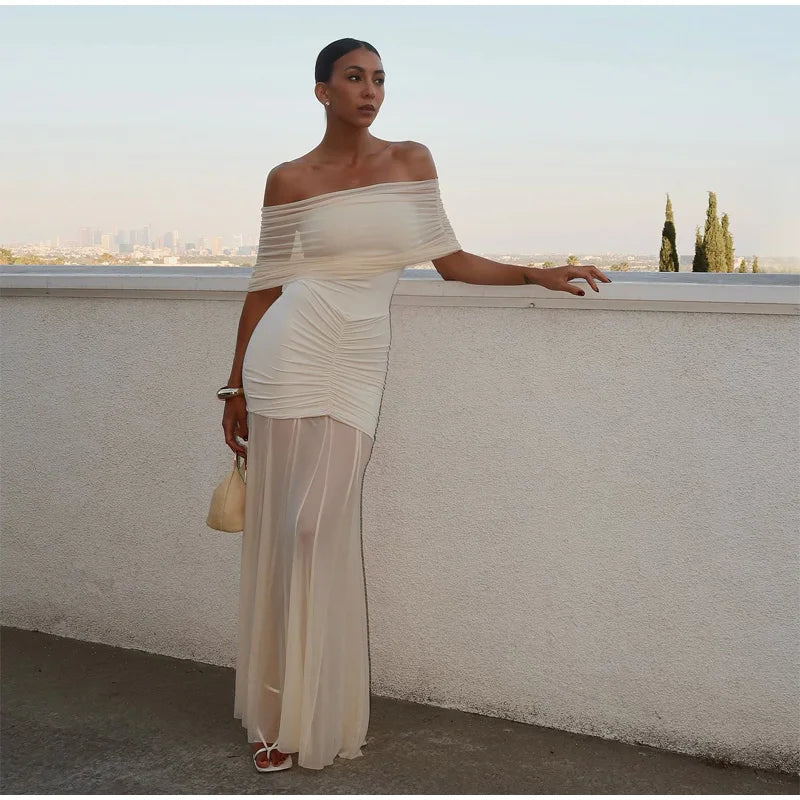 Patchwork Mesh Off Shoulder Midi Dress - View 8 | VelvetHem