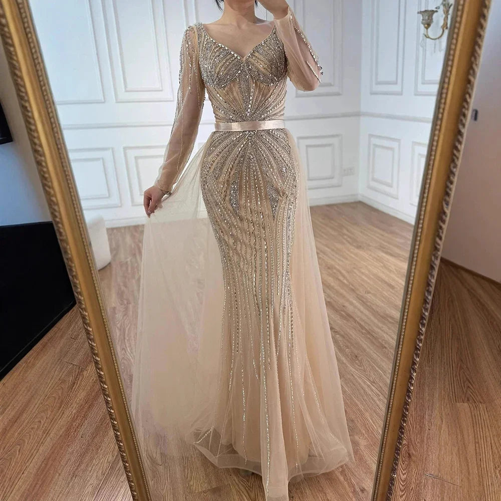 Zapdress Pink V-neck Long Sleeves Beaded Evening Dress with Detachable Overskirt Party Gown for Women Customized (ZD17196)