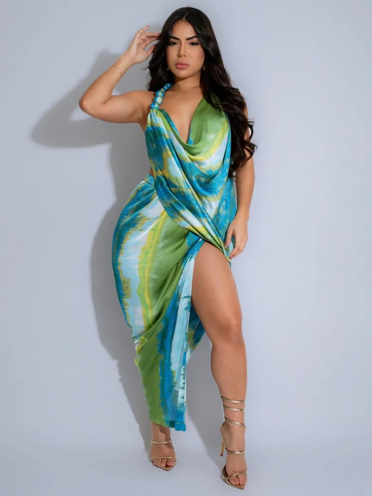 Tie Dye Halter Deep V-Neck Backless Midi Dress - View 6 | VelvetHem