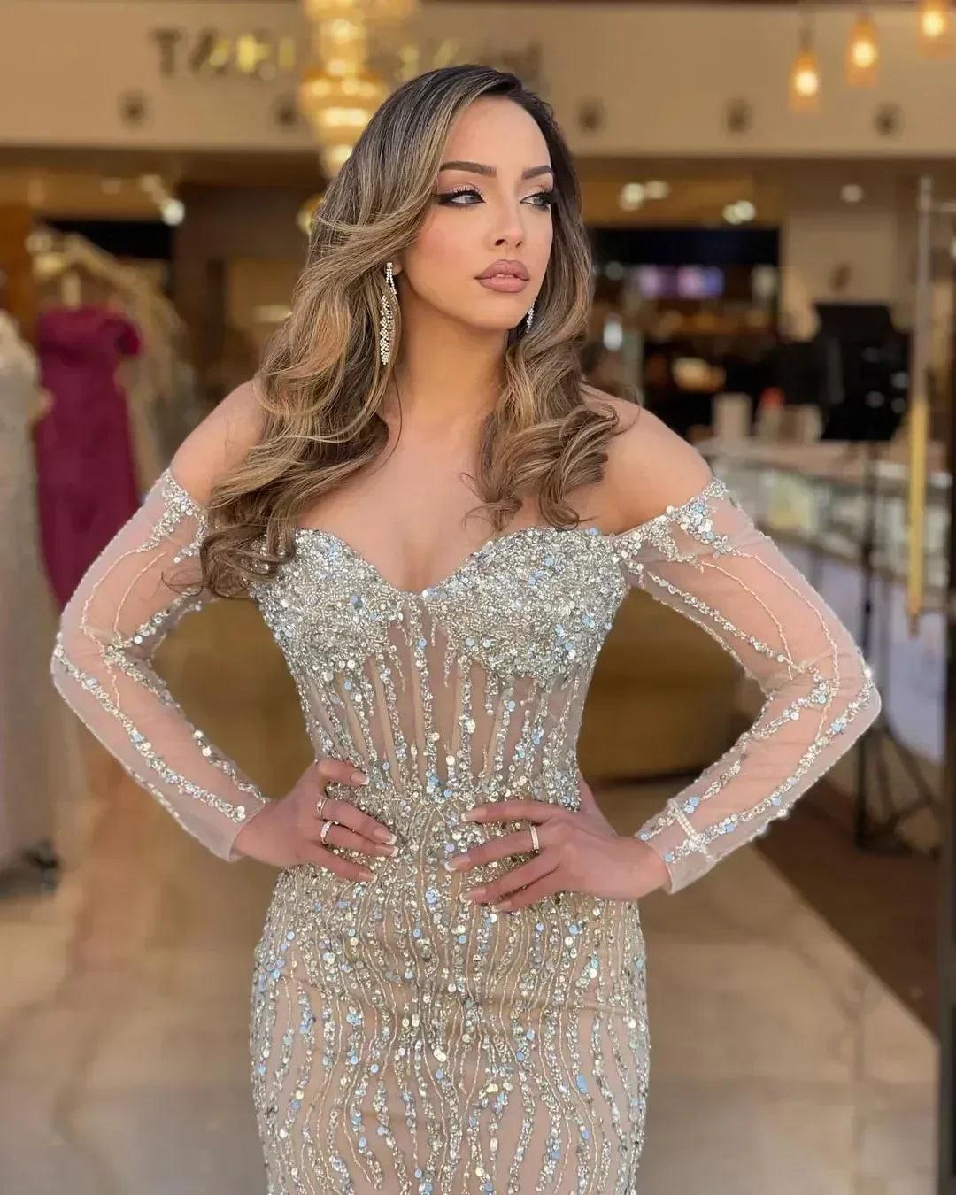 Customized Champagne Off Shoulder Mermaid Evening Dresses Dubai Beading Formal Party Gowns Pleats Long Sleeves Prom Dresses