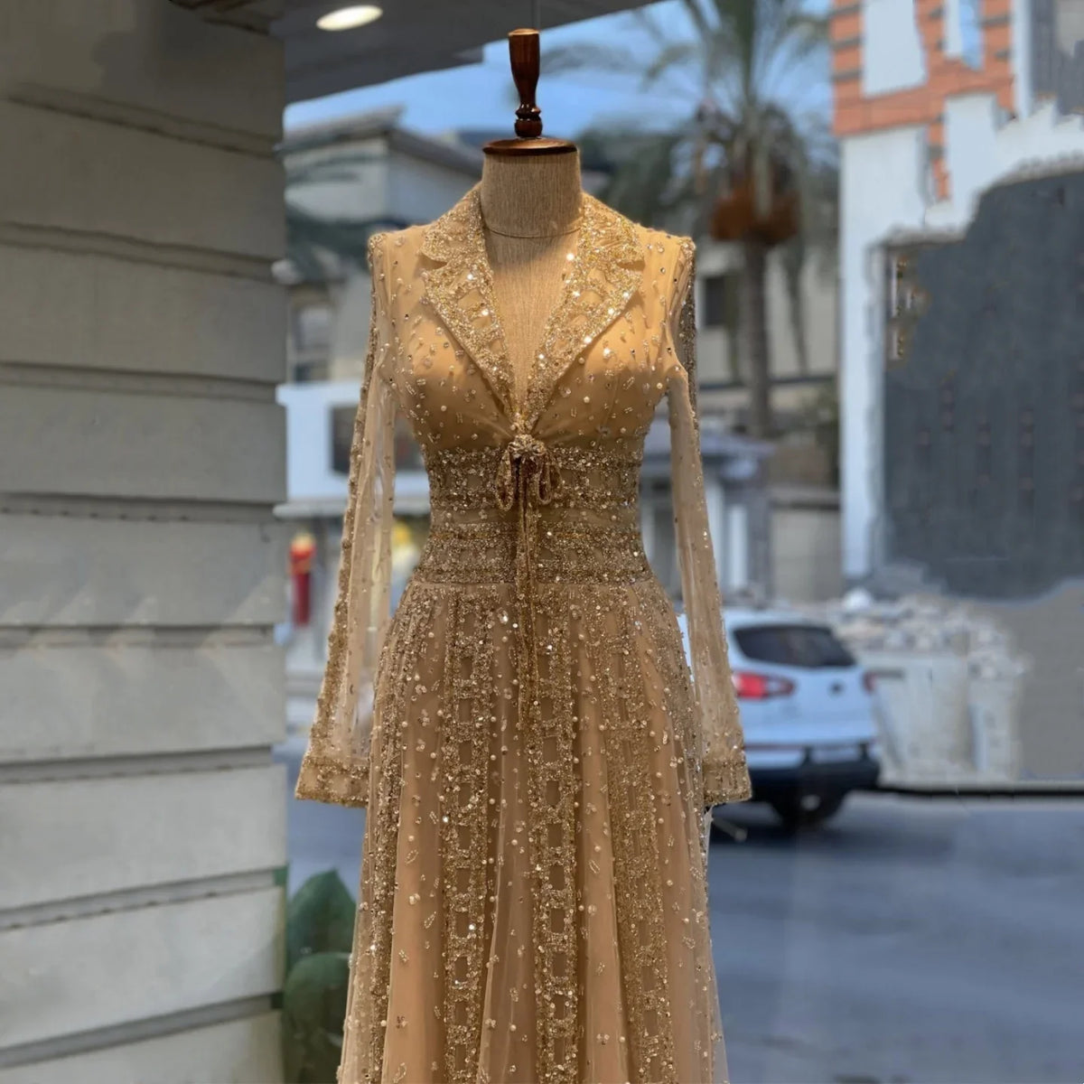 Zapdress Customized 2026 Lapel Collar Long Sleeve Evening Dress Luxury Beaded A-Line Modest Party Gowns (ZD17210)