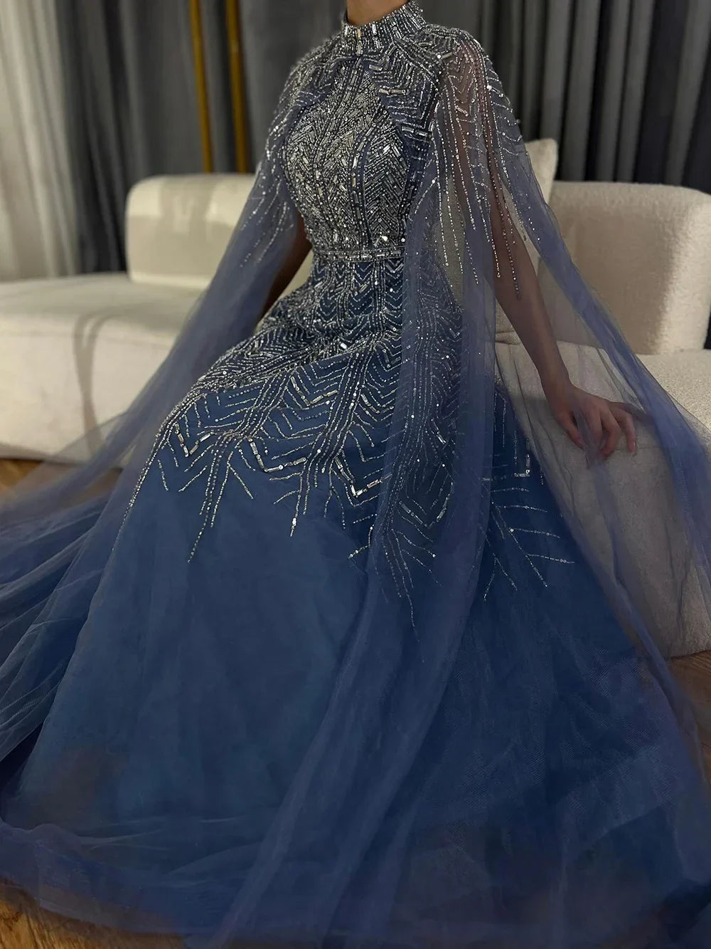 Zapdress Customized 2025 Blue Beaded A-Line Cape Sleeves Formal Evening Dresses Elegant Party Gowns for Women (ZD17192)