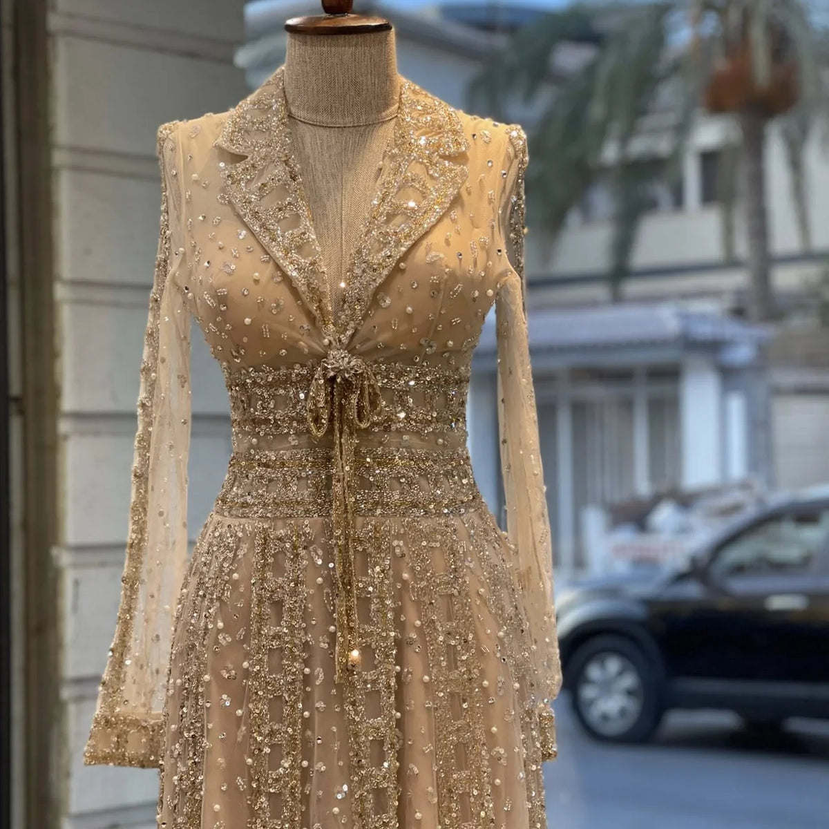 Zapdress Customized 2026 Lapel Collar Long Sleeve Evening Dress Luxury Beaded A-Line Modest Party Gowns (ZD17210)