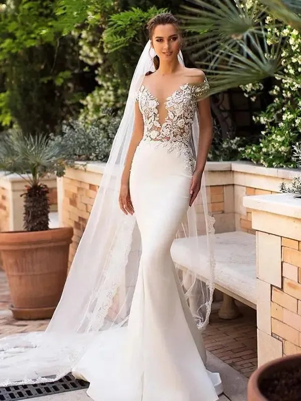 Sexy Bridal Dress V-neck Cut-out Backless Mermaid Wedding Dress Sweep Train Plus Size Custom Made Vestido De Noiva White