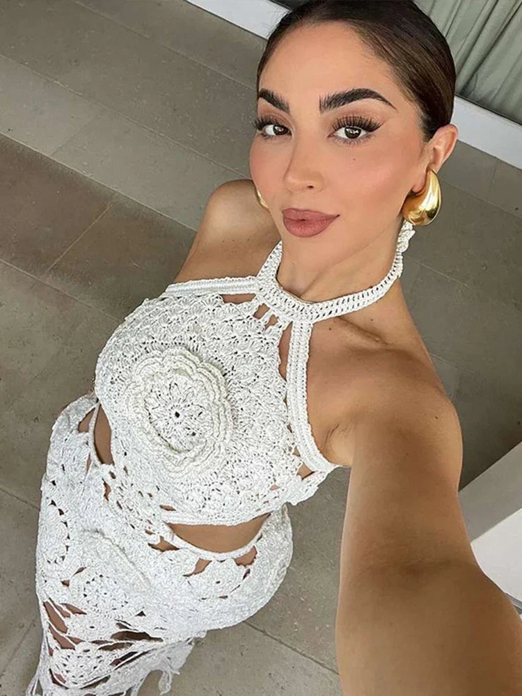 Hollow Hanging Neck Slim Floral Dress