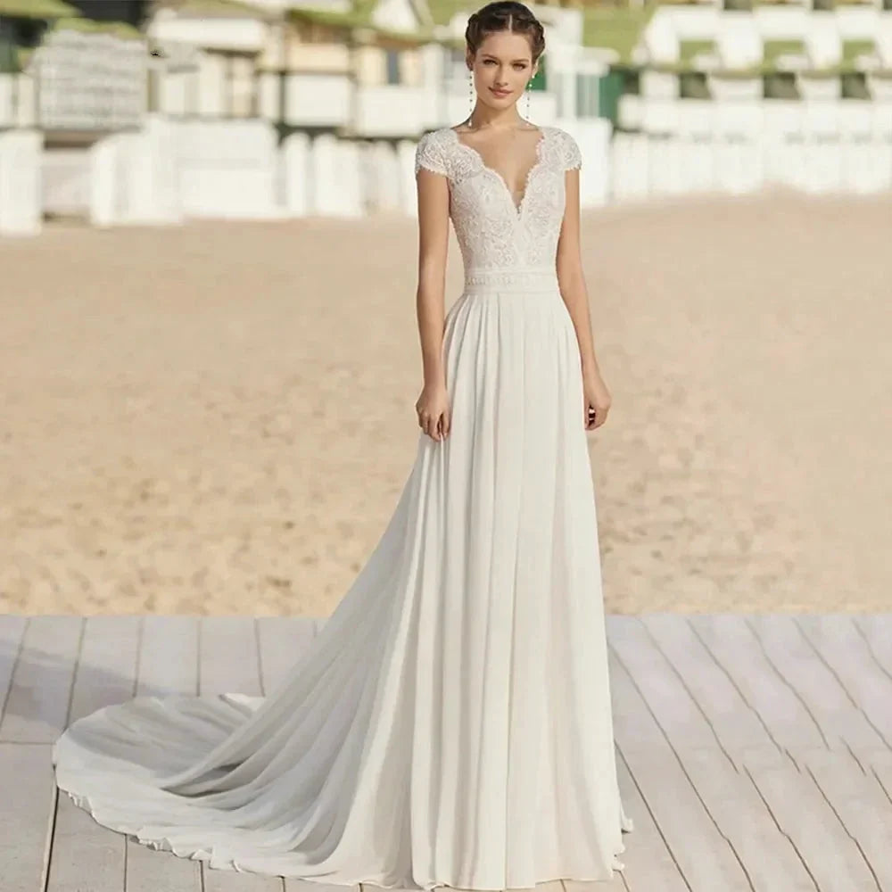 Bohemian V Neck Chiffon Wedding Dresses Short Sleeve Illusion Buttons Back Lace Vestido De Noiva Robe De Mariee (ZD14056)