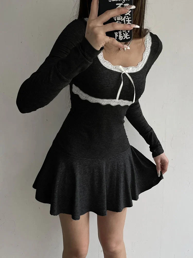 Patchwork Lace Square Neck Mini Dress - View 5 | VelvetHem