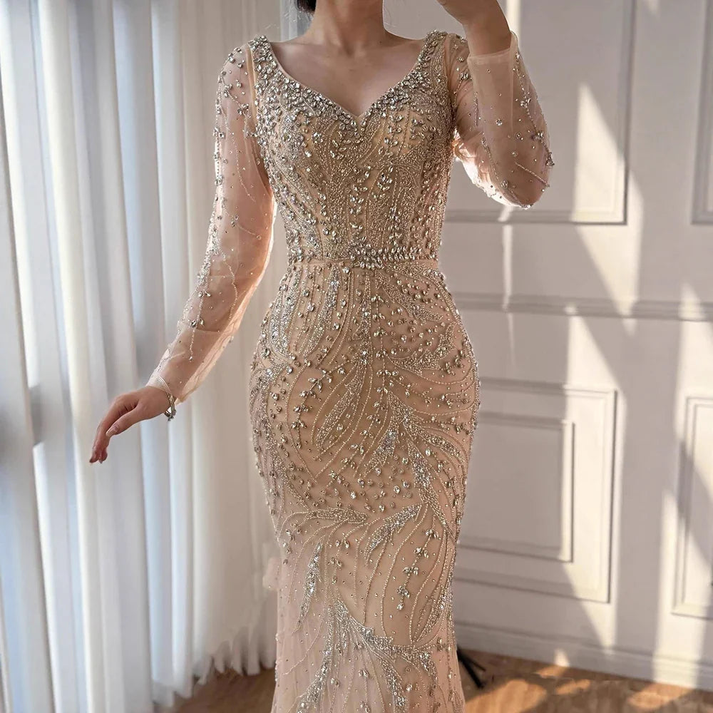 Zapdress Pink V-neck Long Sleeves Mermaid Luxury Beaded Evening Dress 2026 Wedding Party Gowns DLA73191 Customized (ZD17300)