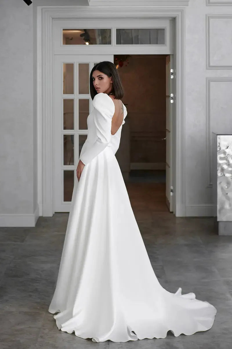 A-Line Wedding Dress Long Sleeve Square Collar Side Slit Simple Satin Open Back Beach Robe De Mariee Custom Made To Measures