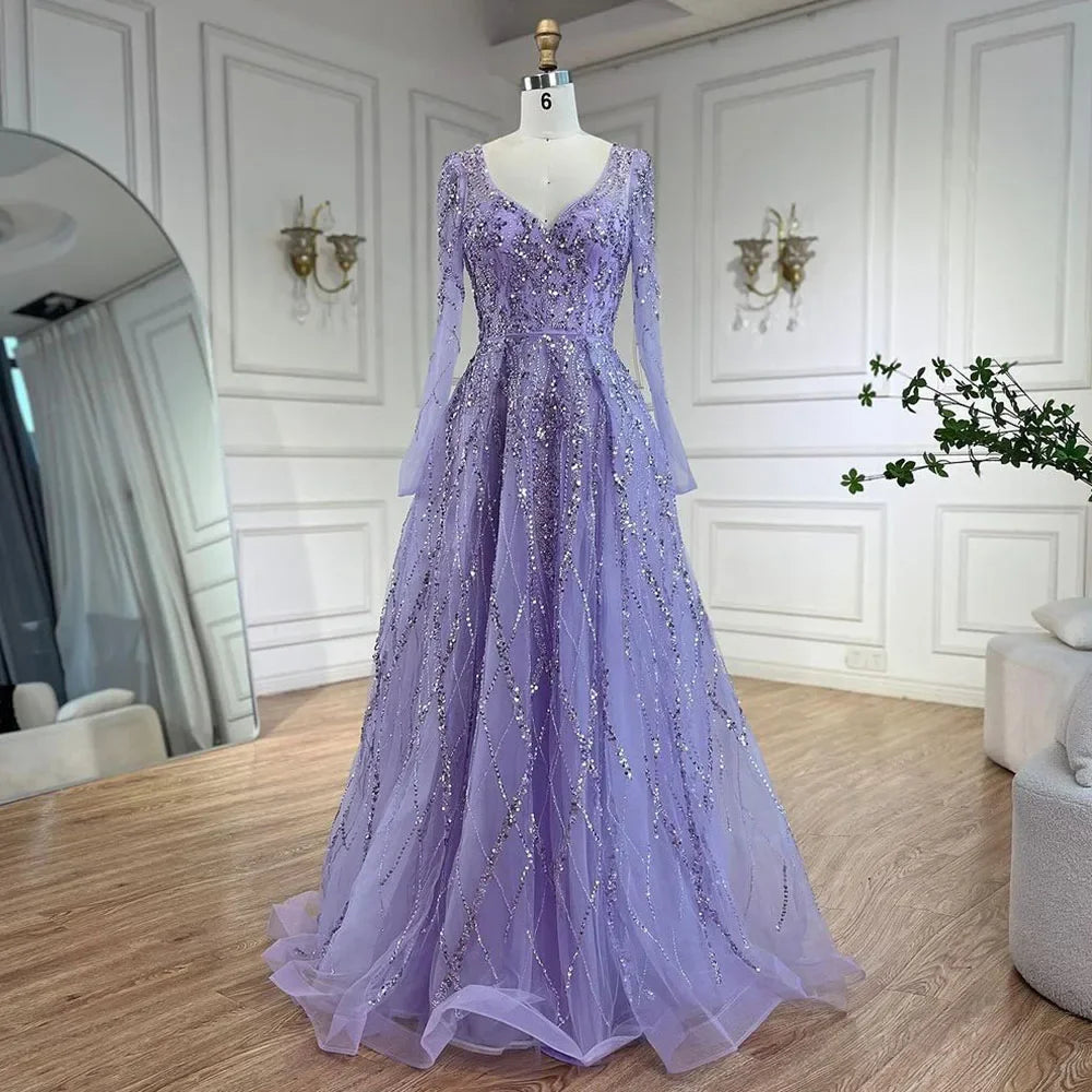 Zapdress Lilac V-neck A-line Long Sleeves Luxury Beaded Evening Dresses Party Gowns for Women Customized (ZD17273)