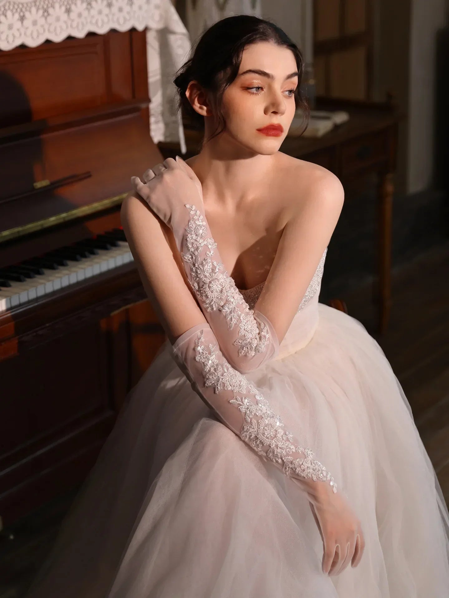 Long Bridal Gloves Flower Leaf Wristband Wedding Glove For Women Girl Party Evening Dress Jewelry Brides Accessories