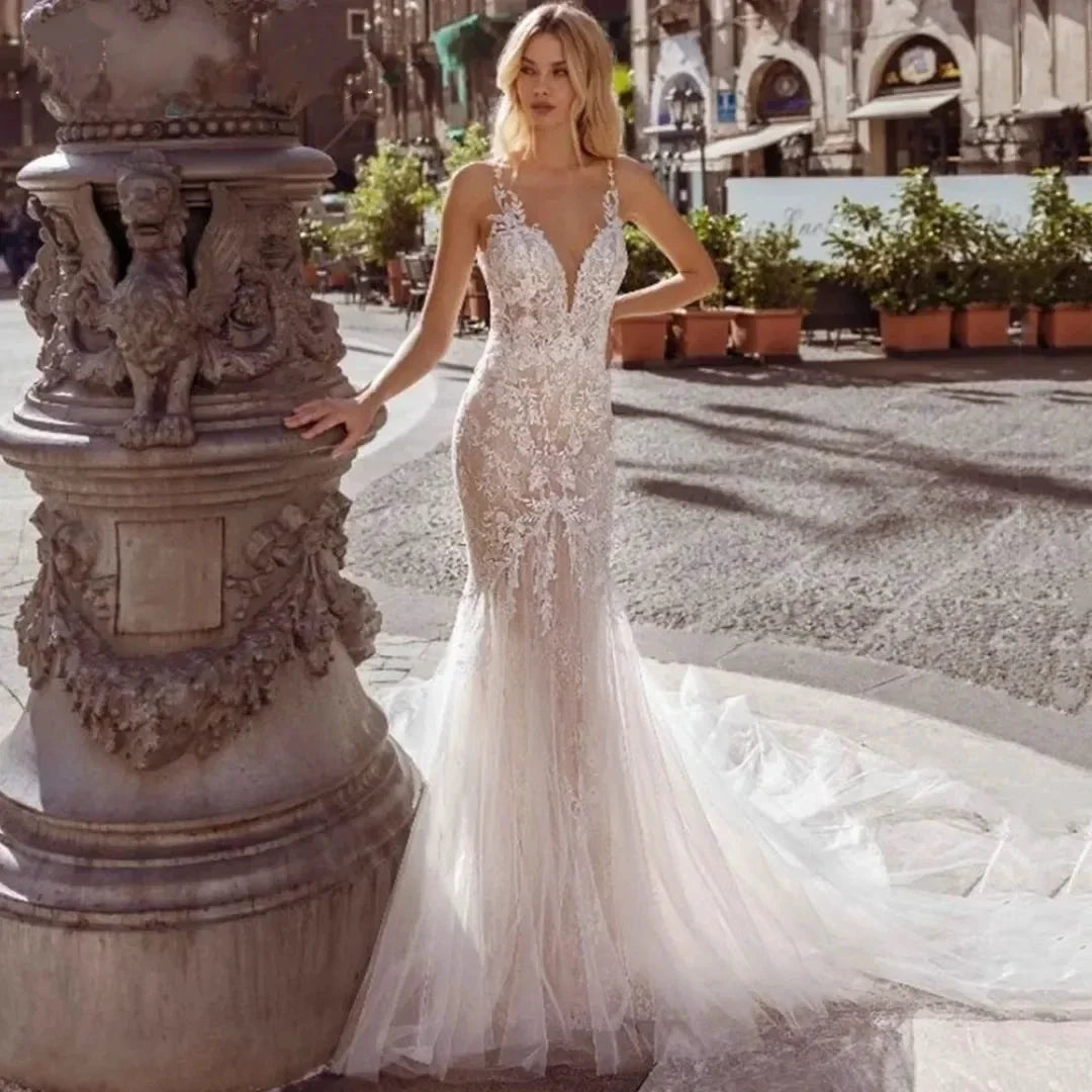 Sexy Spaghetti Straps Vestidos De Novia Lace V-Neck Mermaid Wedding Dresses Appliques Backless Vestido De Noiva by payinti