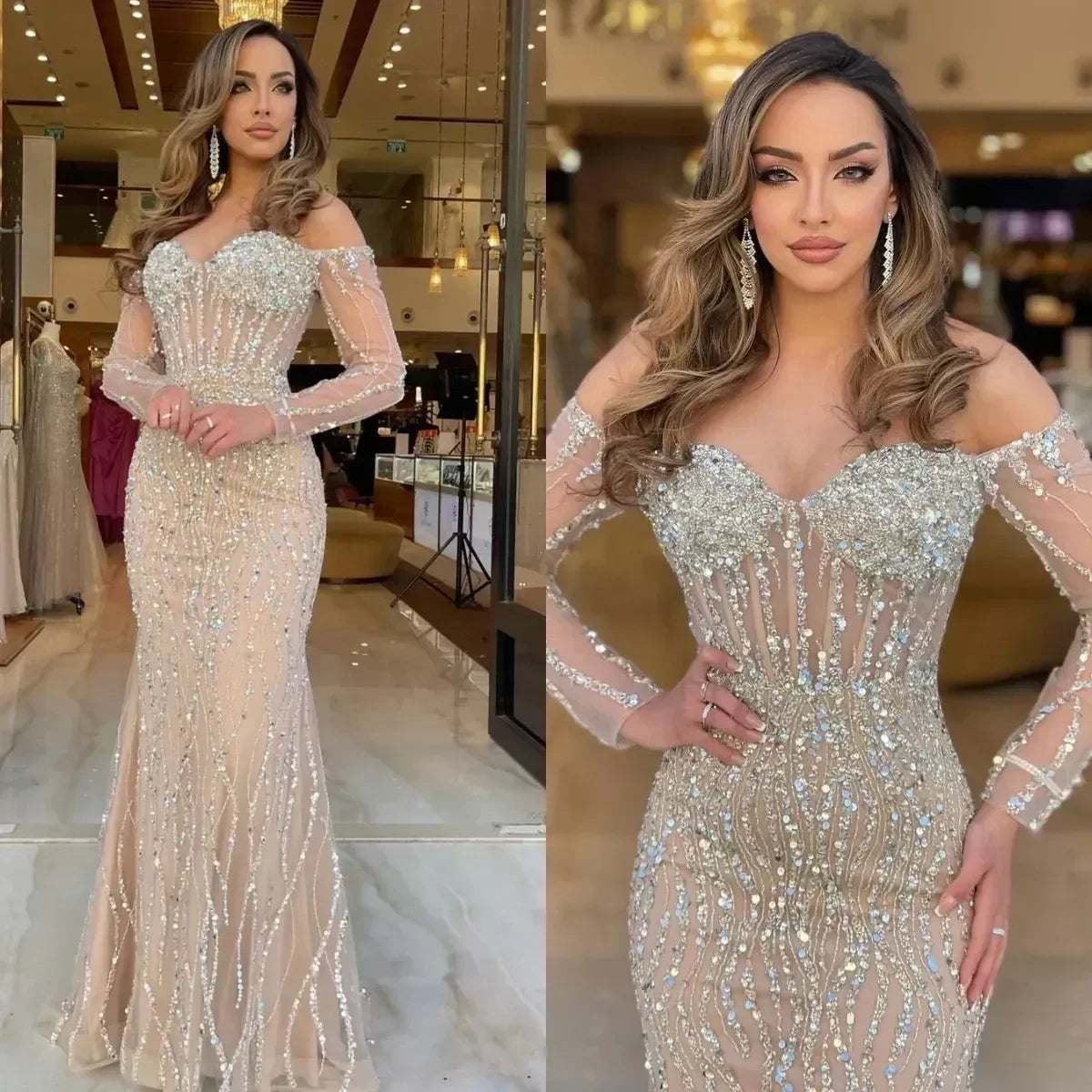 Customized Champagne Off Shoulder Mermaid Evening Dresses Dubai Beading Formal Party Gowns Pleats Long Sleeves Prom Dresses PURPLE 4