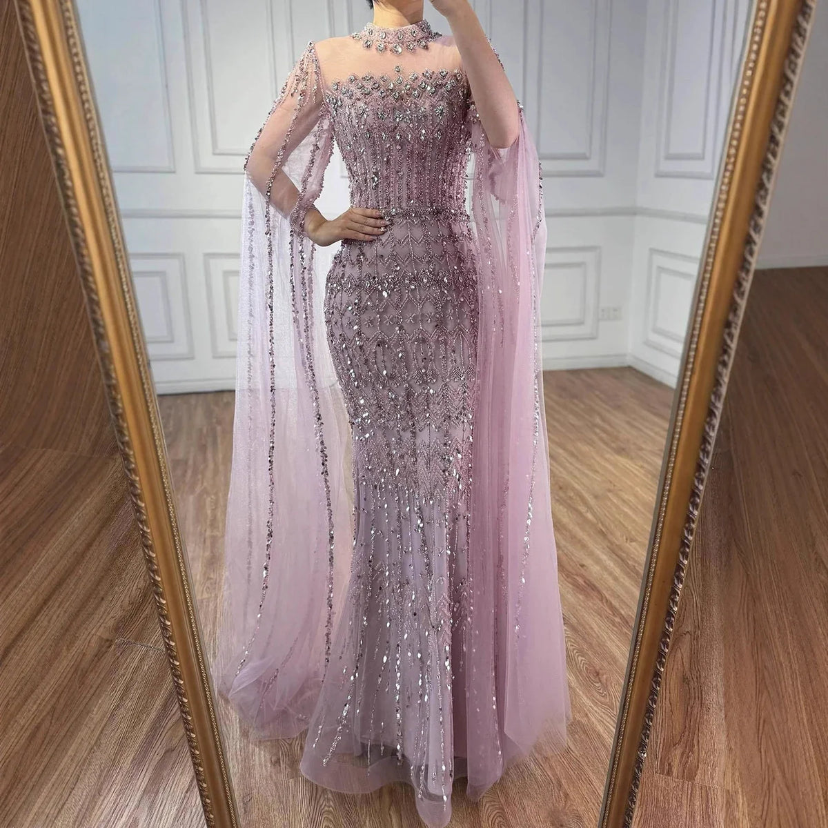 Zapdress Dubai Blue Beaded Evening Dress with Cape Sleeves 2025 Formal Party Gowns for Women DLA72714A Customized (ZD17279)