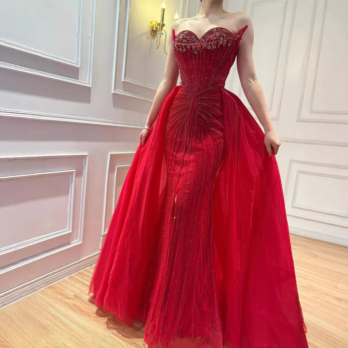 Zapdress Customized 2025 Pink Crystal Beaded Saudi Mermaid Evening Dresses Gowns with Overskirt for Formal Occasion (ZD17225)