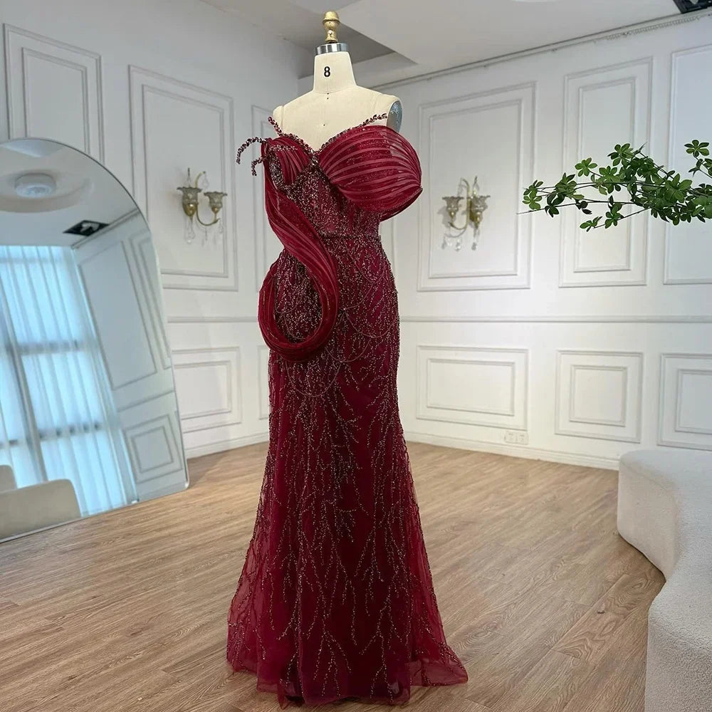 Zapdress Wine Red Mermaid One Shoulder Beaded Cut Out Evening Dresses Classic Party Gowns for Women DLA72455 Customized (ZD17246)
