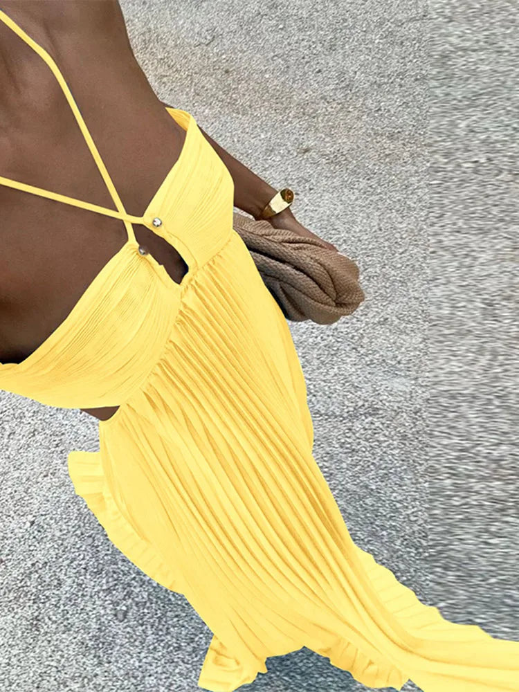 Pleated Blue Halter Maxi Dress - View 5 | VelvetHem
