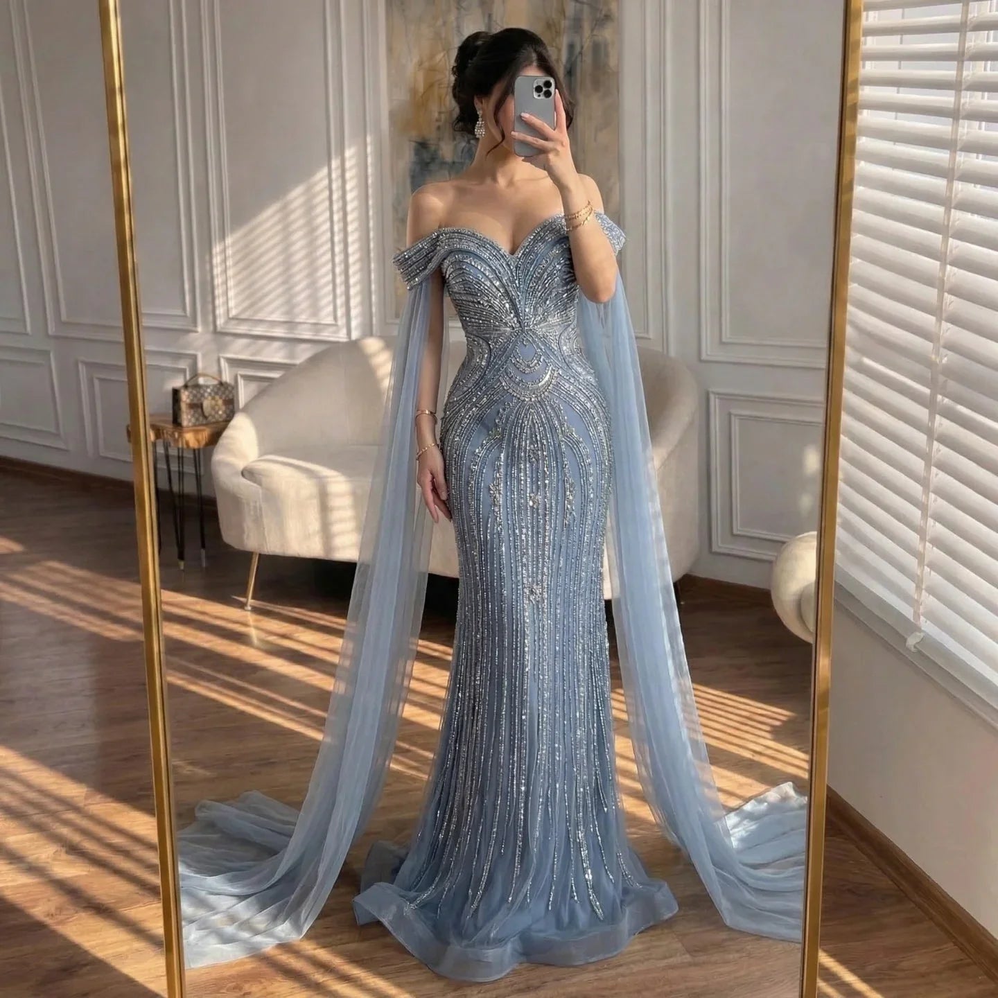 Zapdress Dusty Blue Off-Shoulder Evening Dress Heavy Beaded Mermaid Party Gown with Elegant Cape Sleeves Customized (ZD17286)