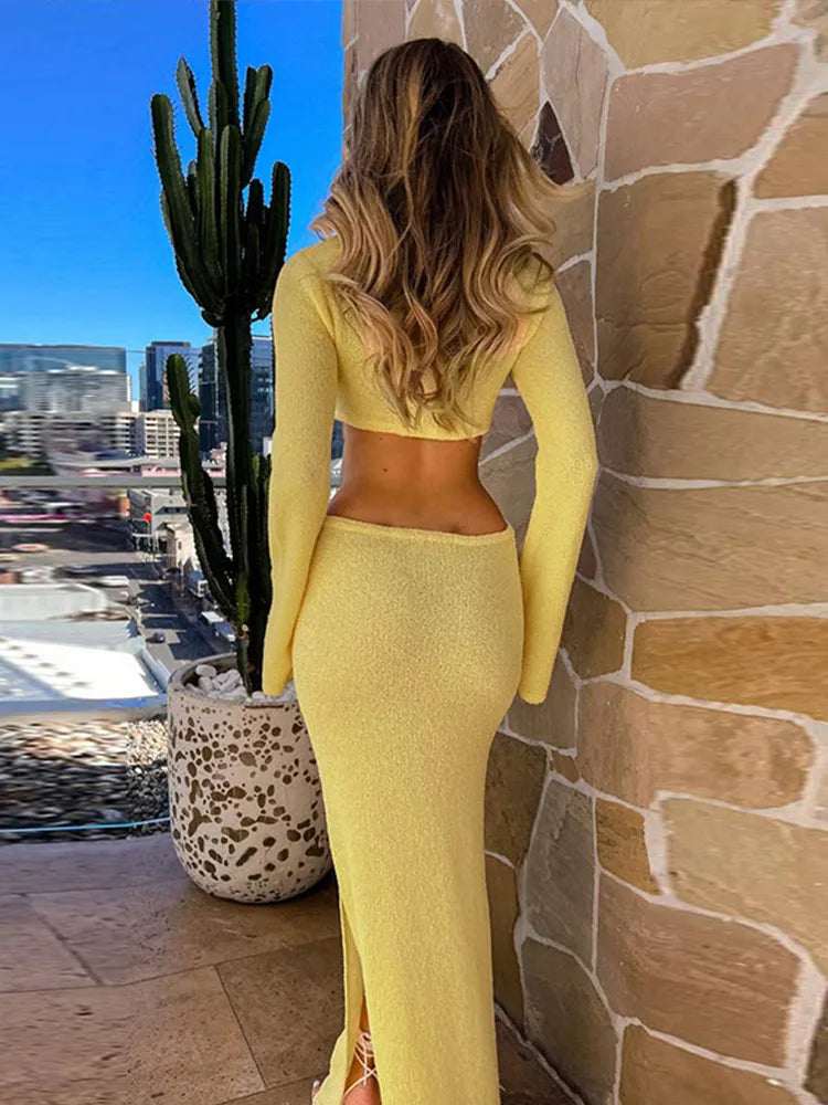 Knitted Hollow Out Solid O - neck Slit Maxi Dress