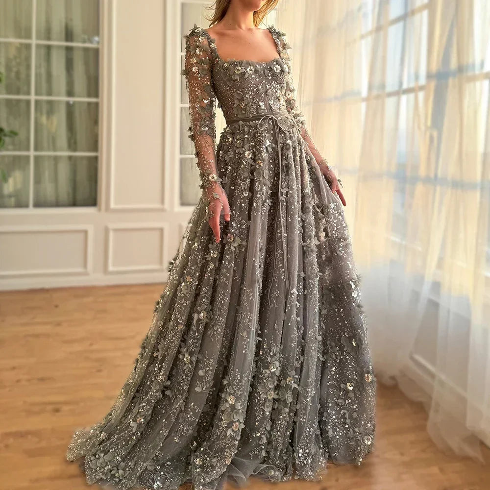 2025 Dubai Gray Lace-Up A-Line Elegant Appliques Elegant Beaded Evening Dresses For Women Wedding Party DLA72657 Customized (ZD17220)