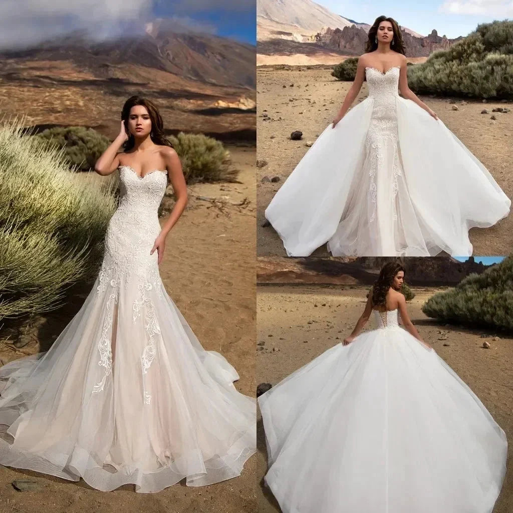 Detachable Train Mermaid Vestidos De Novia Appliques Vestido De Noiva Sweetheart Lace Up Wedding Dresses Lace Robe De Mariée (ZD14060)