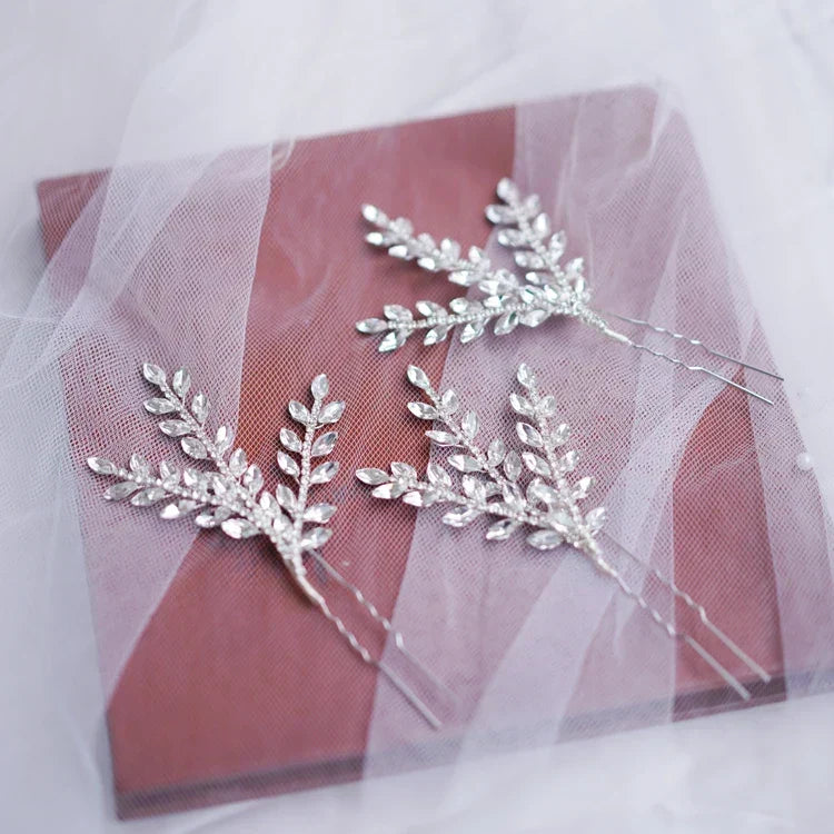 Crystal Rhinestones Hair Pin Clip Leaf Hairpin For Brides Bridesmaids Silver Color Head Piece Wedding Accessories Bridal Jewelry - View 5 | FashionDia