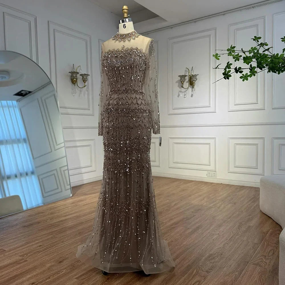 Zapdress High Neck Long Sleeves Beaded Mermaid Evening Dress Muslim Wedding Party Gowns for Women DLA72714C Customized (ZD17264)