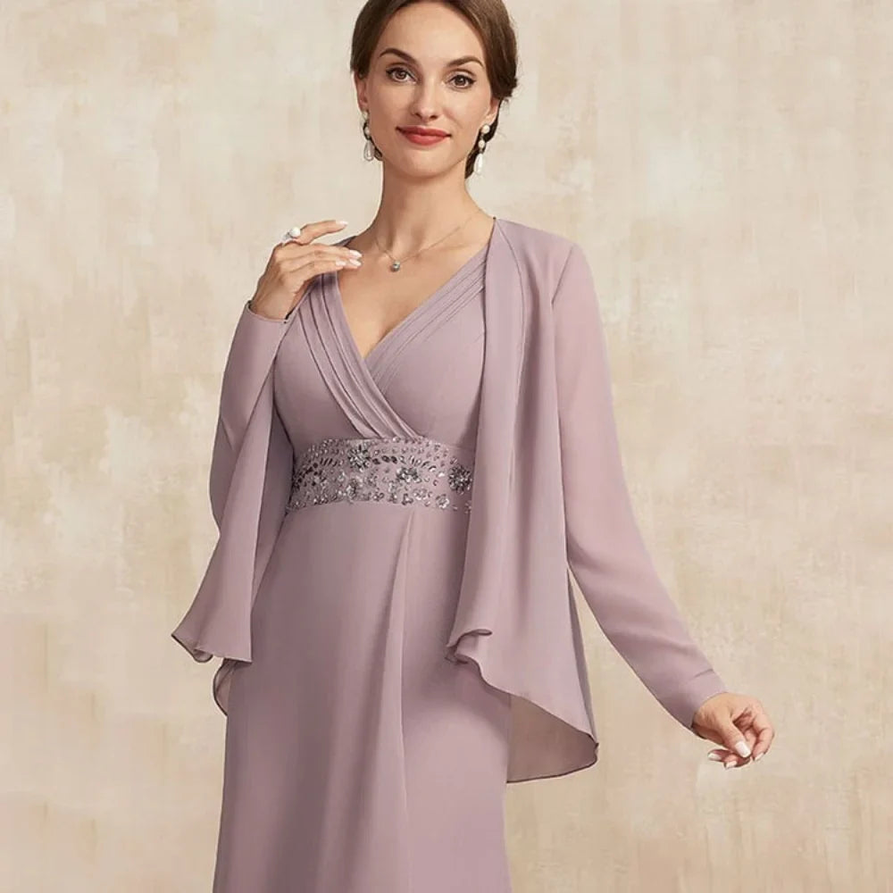Mother Of The Bride Dress - V Neck Customized Mother Dress Chiffon Elegant Mermaid Long Sleeves Bridal Party Gowns Crystal Formal Occasion Bridal Dresses