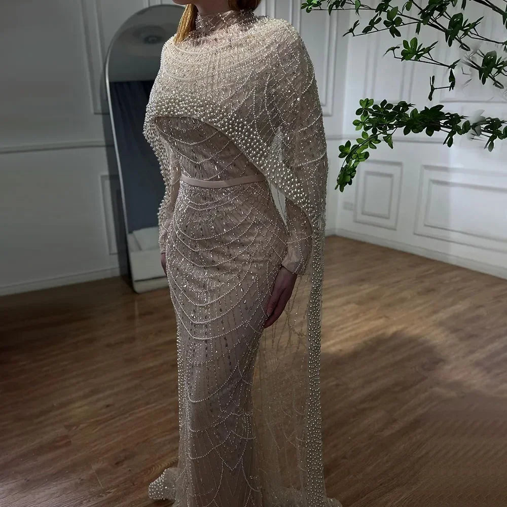 Zapdress Customized Muslim Hijab Sage Green Long Sleeves Evening Dresses with Cape Dubai 2024 Party Gowns For Women LA72032M (ZD17199)