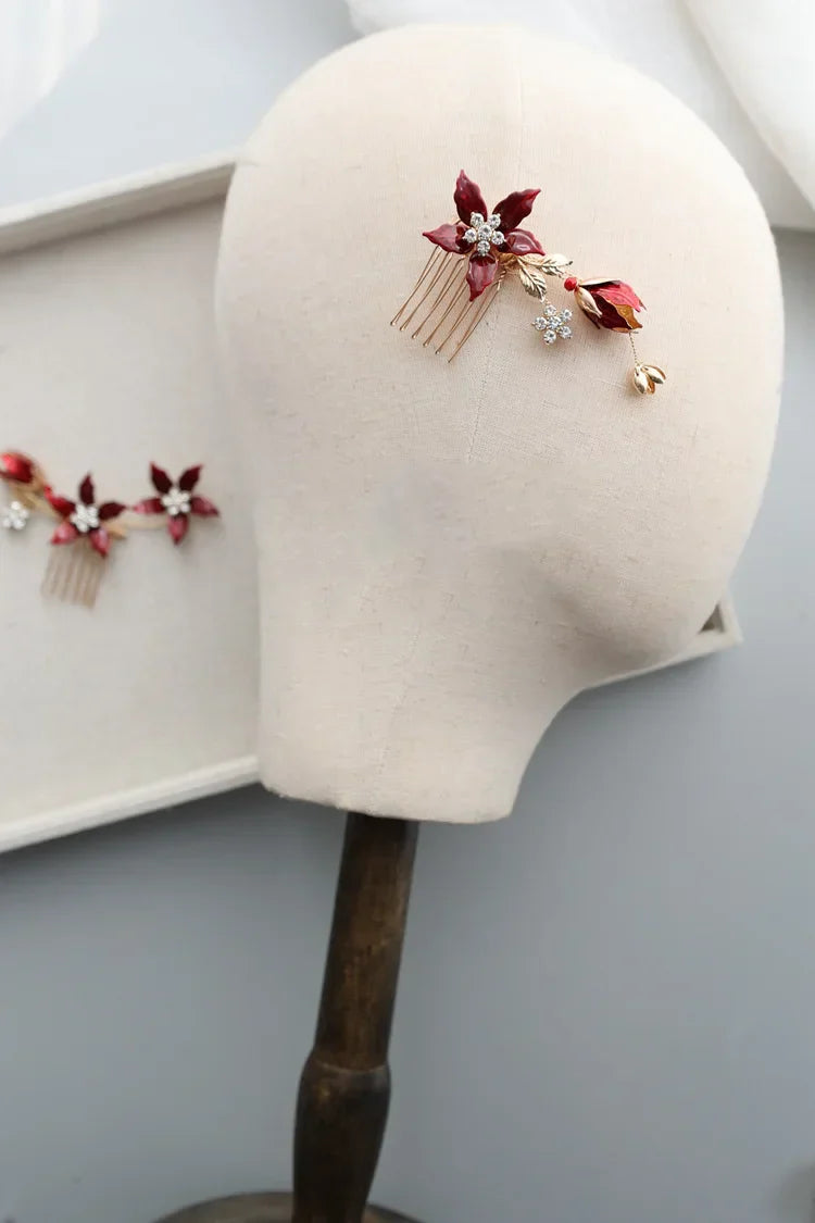 Wedding Accessories Red Flower Hair Pin Clip Crystal Rhinestones Hairpins Brides Party Evening Dress Head pieces Bridal Jewelry