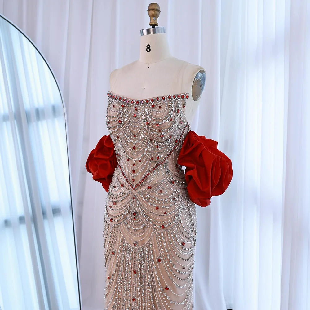 Luxury Beaded Evening Dresses with Elegant Puff Sleeves Pearl Beaded Adorned Design Zapdress DLA72903 Customized (ZD17265)