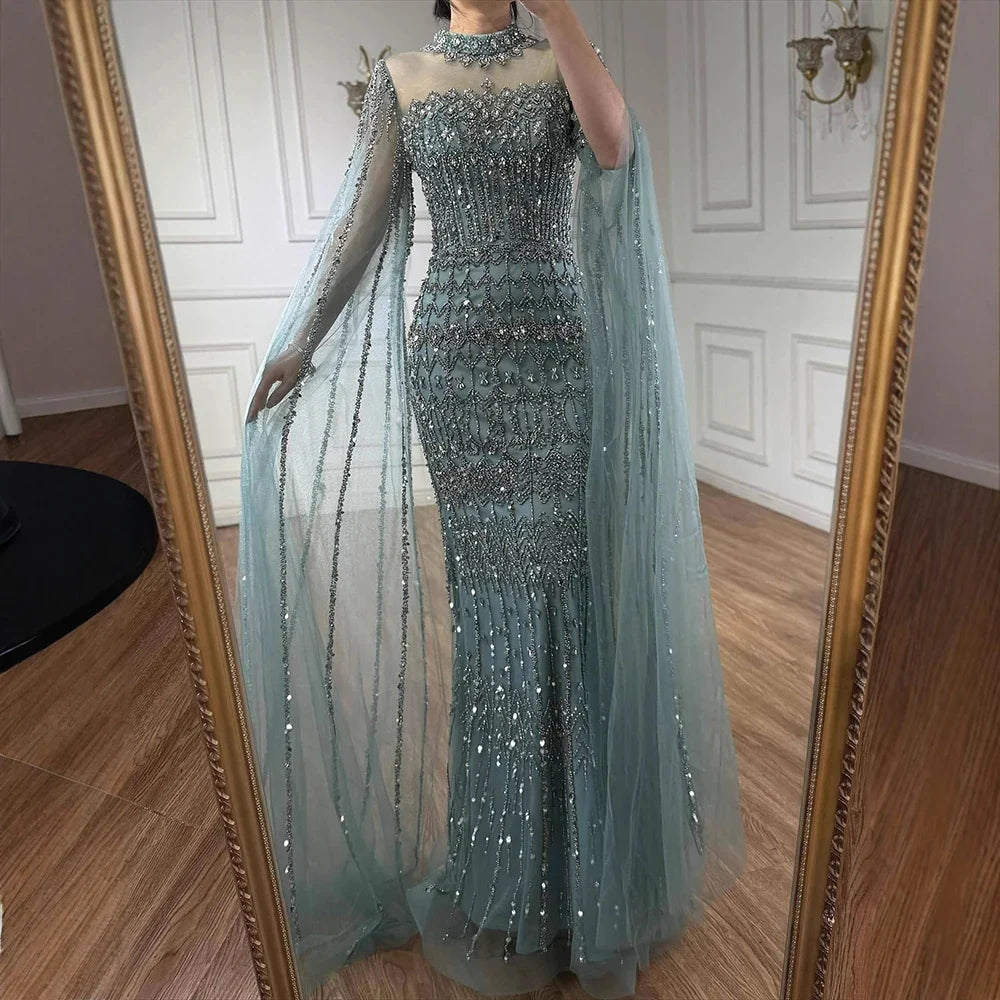 Zapdress Dubai Blue Beaded Evening Dress with Cape Sleeves 2025 Formal Party Gowns for Women DLA72714A Customized (ZD17279)