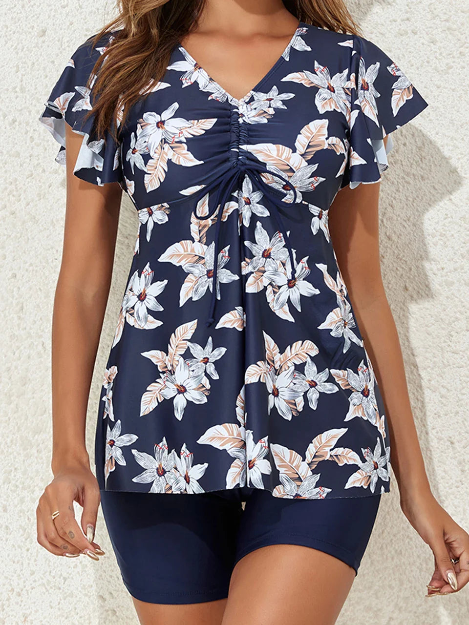 V Neck Print Drawstring Tankini Two Piece Set