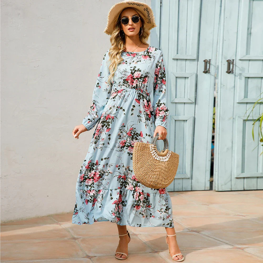 Natasha Effortless Women's Bohemian Floral Chiffon Maxi Dress with Long Sleeves Elevated Occasion Wear