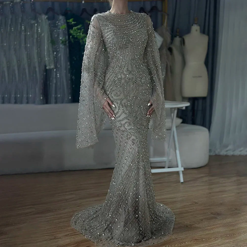 Zapdress 2025 Flared Sleeves Caramel Beaded Dubai Mermaid Evening Dresses Gowns for Party DLA72771 Customized (ZD17272)