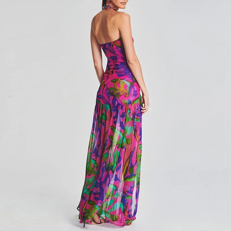 Printed Strapless Pleated Midi Dress - View 4 | VelvetHem