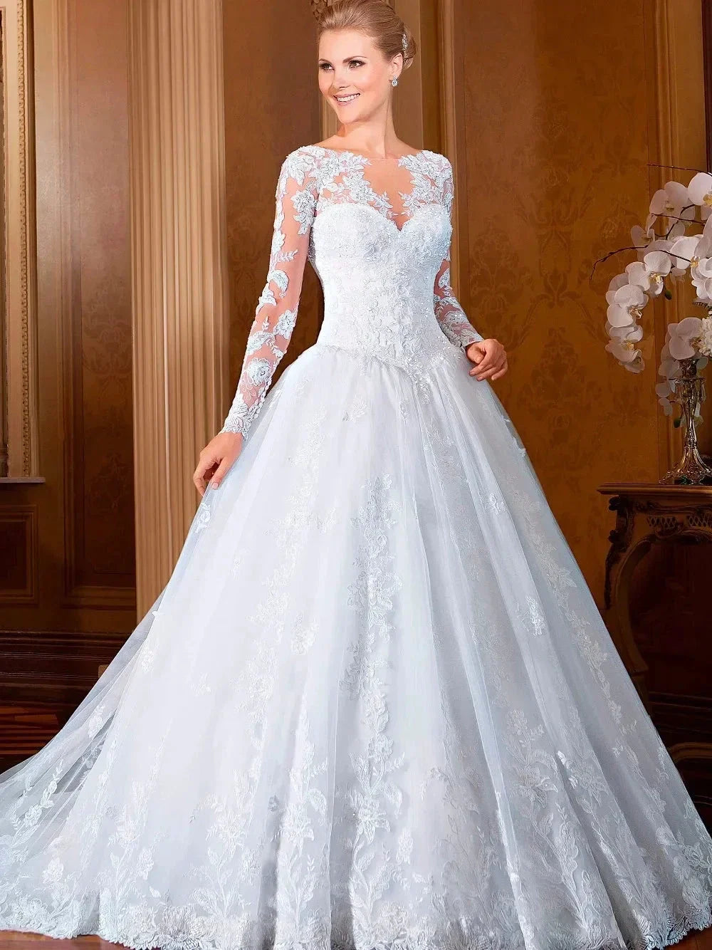 Long Sleeves Appliques Vestido De Noiva V-Waist Wedding Dresses Becautiful Sweetheart Vestidos De Novia Lace Robe De Mariée (ZD14059)