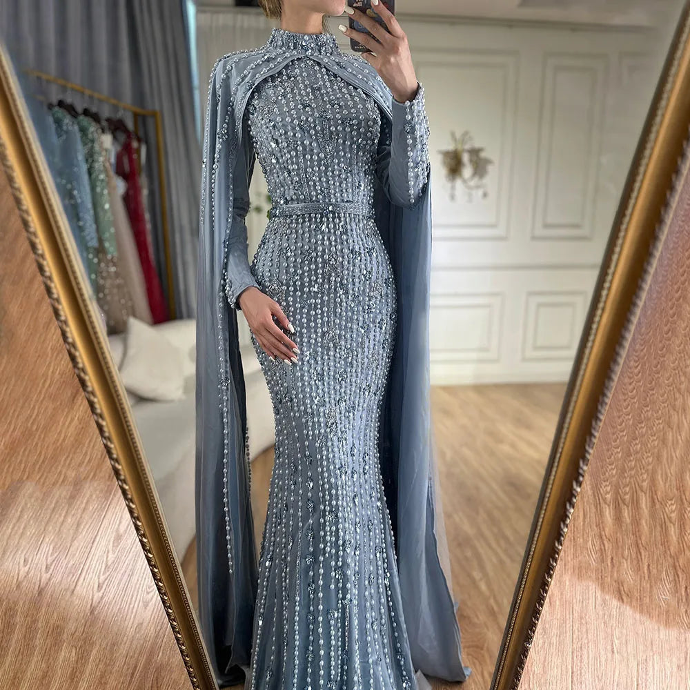 Zapdress Pink Long Sleeves High Neck Muslim Mermaid Beaded Evening Party Gown Dress with Cape for Women DLA72533 Customized (ZD17194)