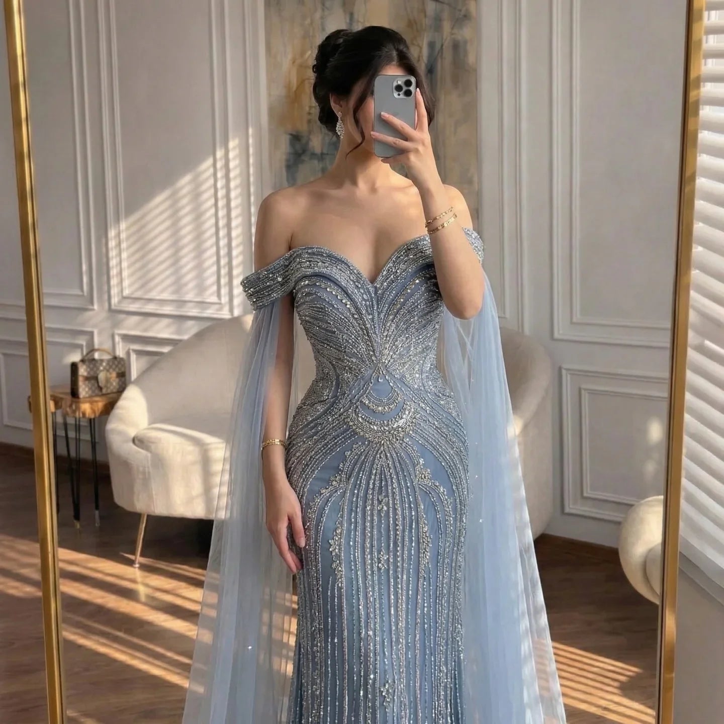Zapdress Dusty Blue Off-Shoulder Evening Dress Heavy Beaded Mermaid Party Gown with Elegant Cape Sleeves Customized (ZD17286)